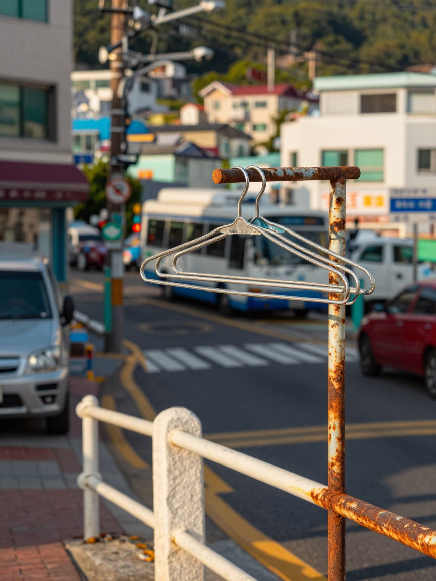 Vintage Busan Street Scene Early Afternoon with Shirt Hanger and Caster Wheel in in Busan, South Korea
