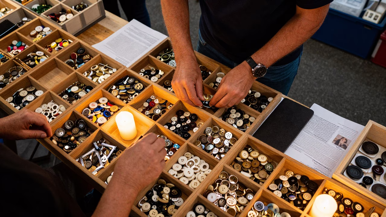 Vintage Button Vendor Sorting at Night Market in at a flower auction bench in Byron Bay