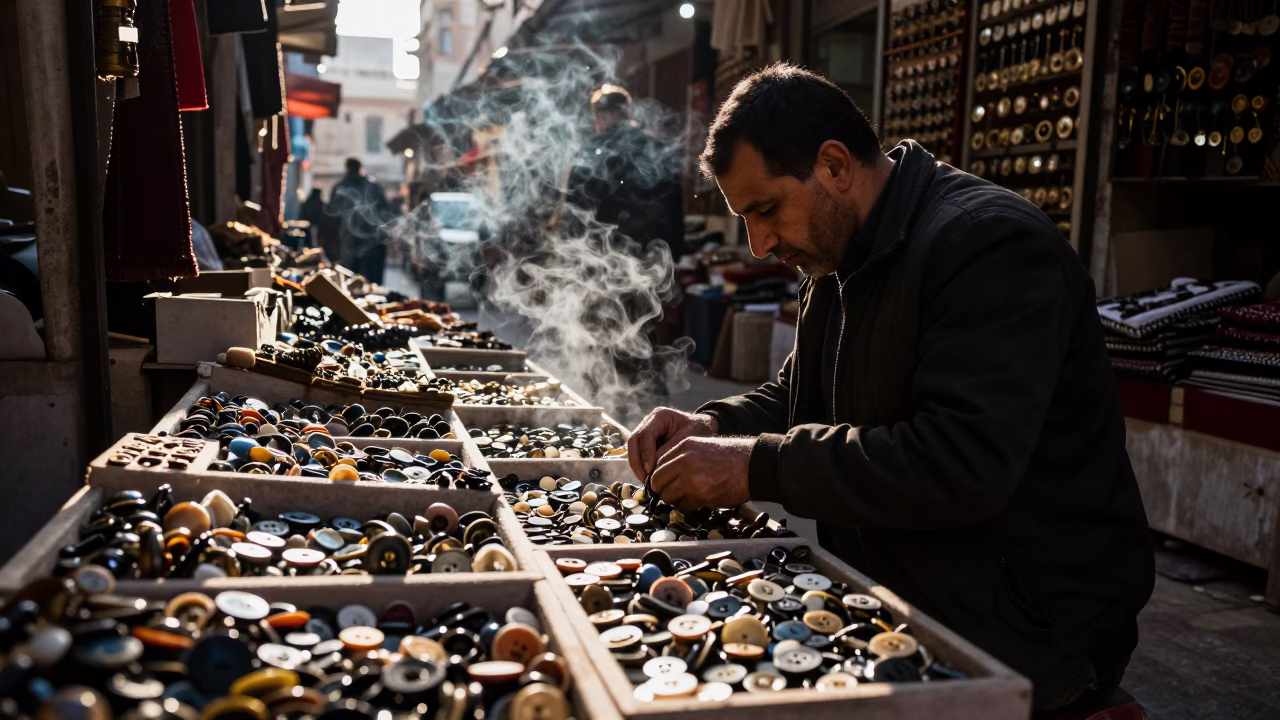 Vintage Button Vendor Sorting Market Goods in at a textile trader's stall in Port Said