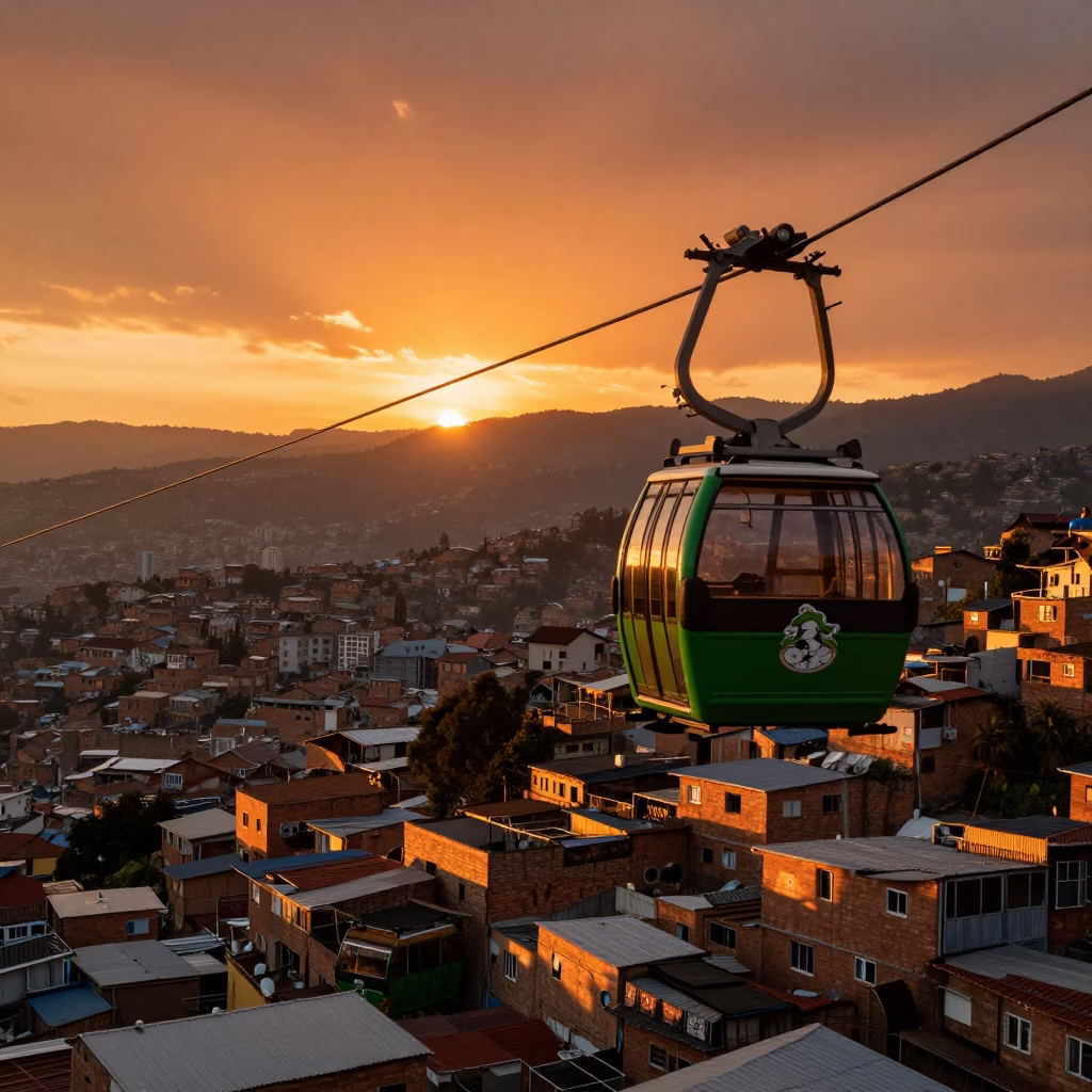 Vintage Cable Car Sunset View Over Comuna 13 Hillside Homes in Medellin Colombia in in Medellin, Colombia