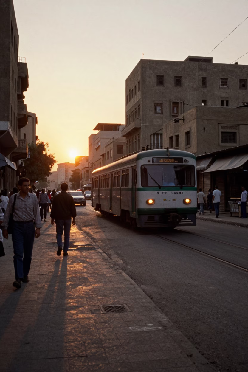 Vintage Cairo Street Scene with Metro Train Emerging at Sunset in in Cairo, Egypt