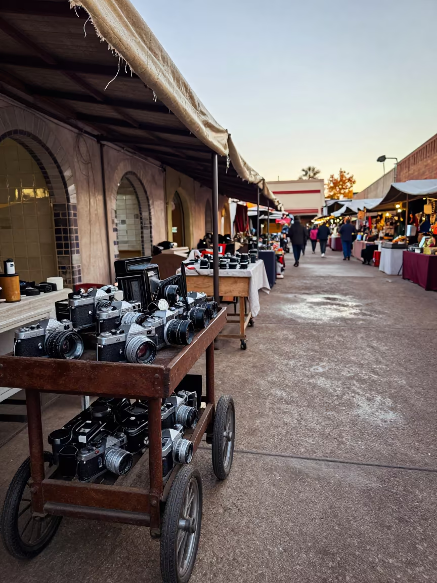 Vintage Camera Cart in Albuquerque Bazaar Dawn in in a covered bazaar aisle in Albuquerque