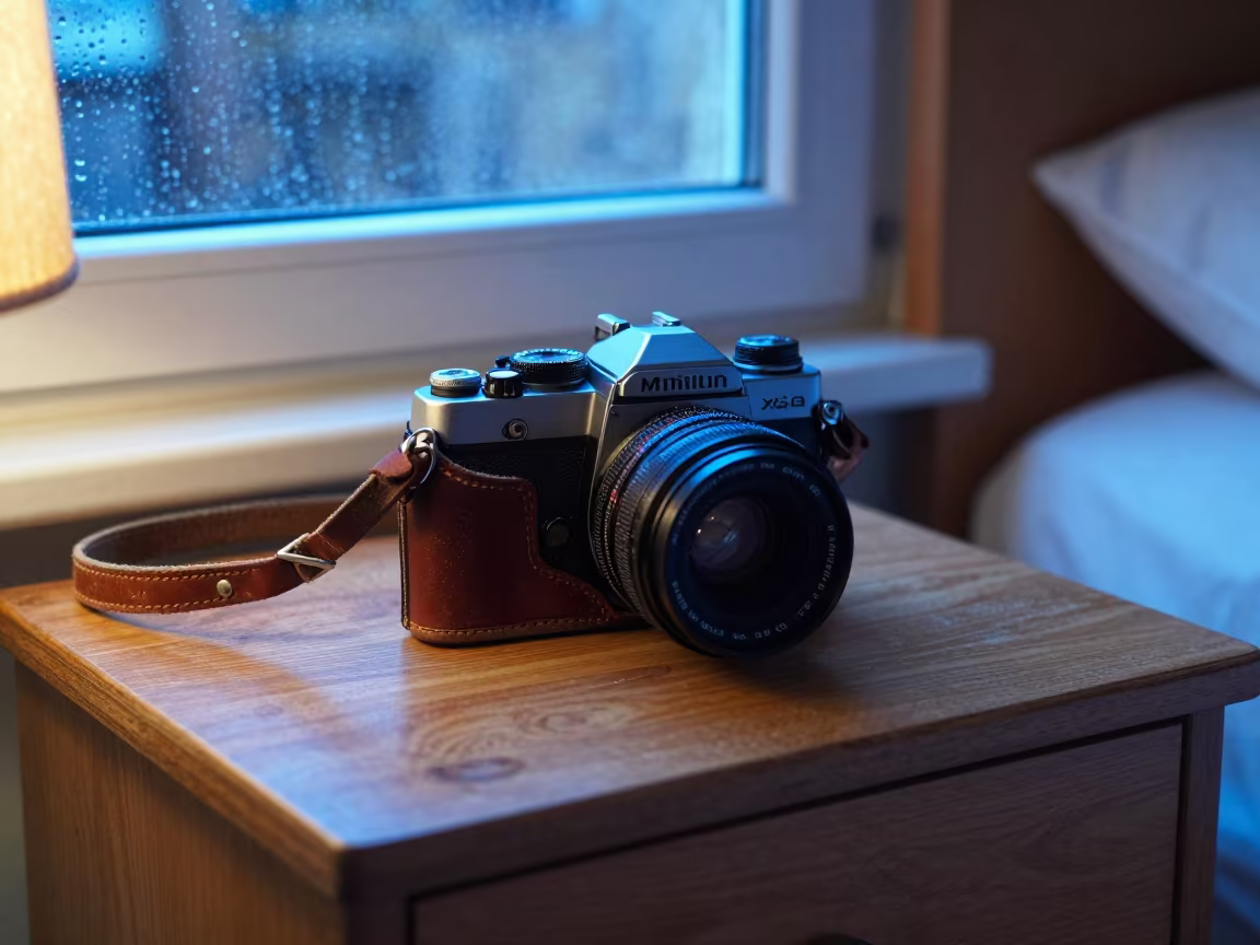 Vintage Camera on Leather Strap in Amman Bedroom in on a bedside table in Amman