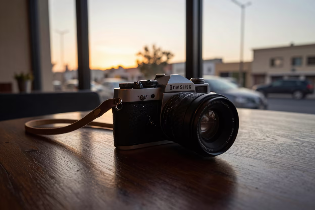 Vintage Camera Leather Strap Kuwait Cafe Window in on a cafe table by a window in Kuwait City