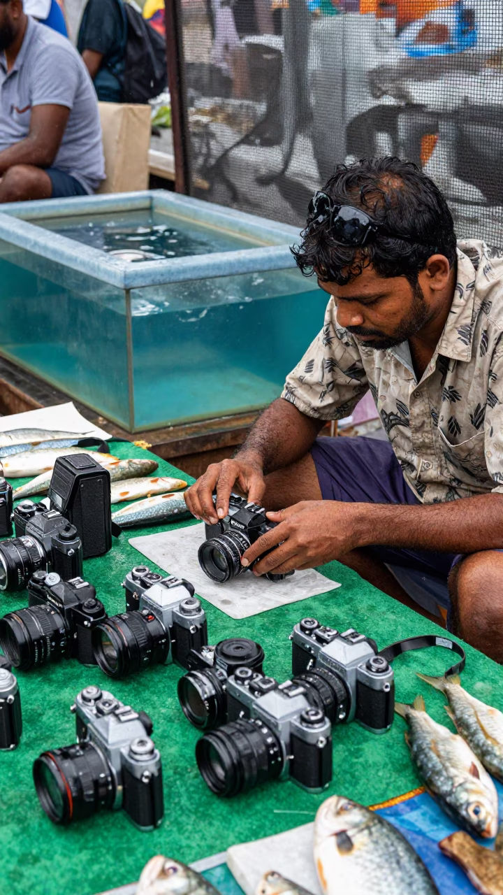 Vintage Cameras on Felt Beside Fish Counter in beside a fish counter in Nellore