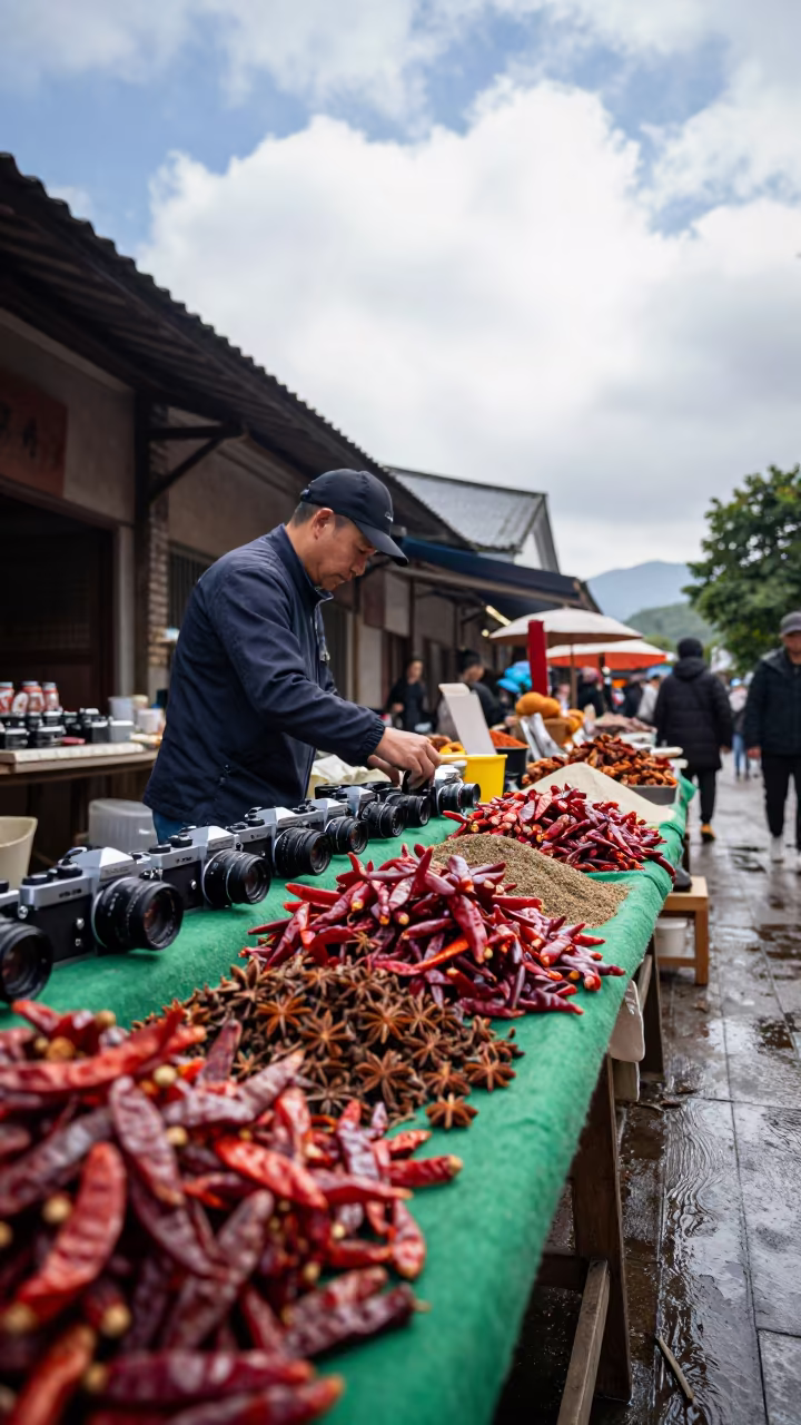 Vintage Cameras on Felt at Fuzhou Spice Market in at a spice vendor's table in Fuzhou