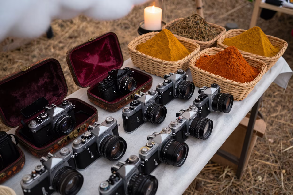 Vintage Cameras on Market Table at Dawn in at a spice vendor's table in Carlos Manuel de Céspedes