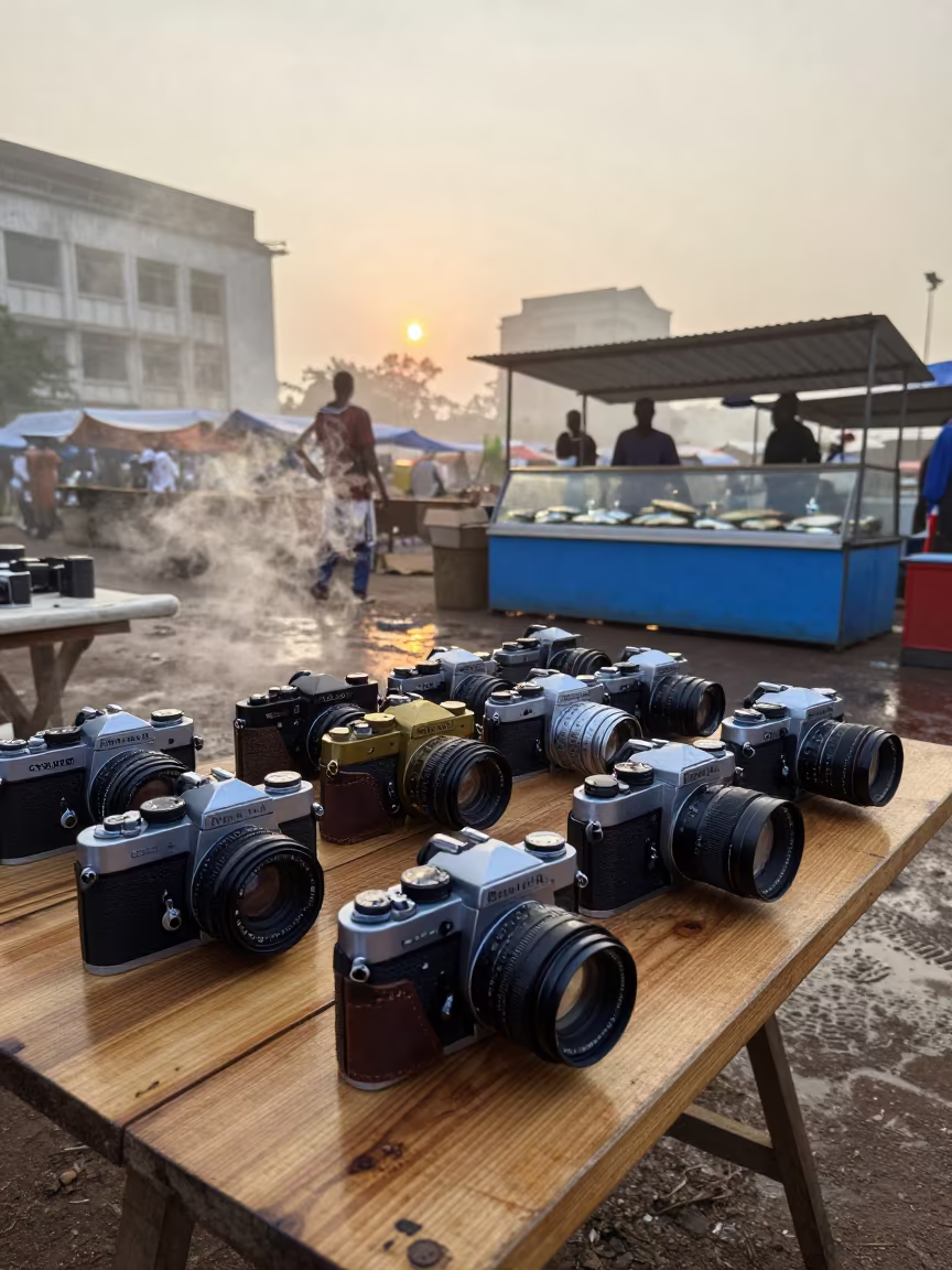Vintage Cameras on Market Table Harare Dawn in beside a fish counter in Harare