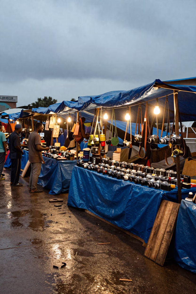 Vintage Cameras Under Tarpaulin at Bamako Market Twilight in at a market stall in Bamako
