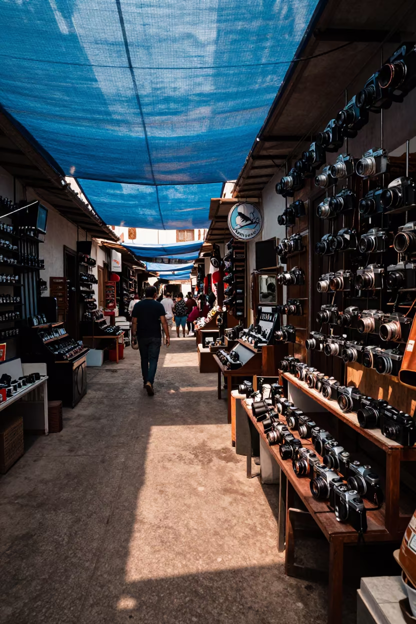 Vintage Cameras Under Tarp in Guadalajara Bazaar in in a covered bazaar aisle in Guadalajara