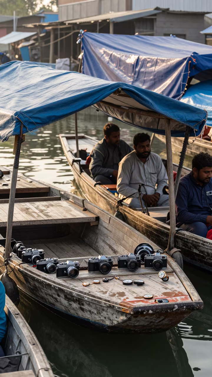 Vintage Cameras and Watches on Chakwal Boat Table in at a floating market boat in Chakwal