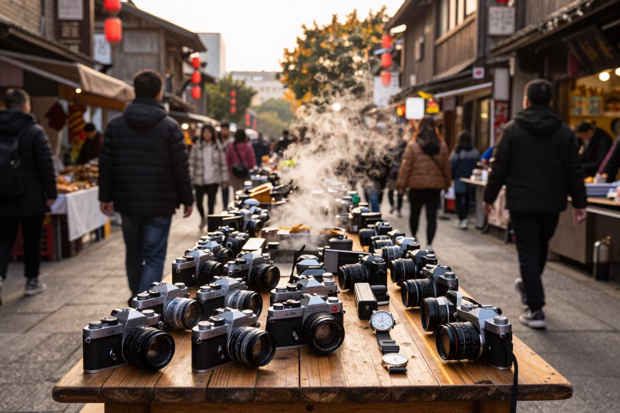 Vintage Cameras and Watches on Fuzhou Market Table in in a covered bazaar aisle in Fuzhou
