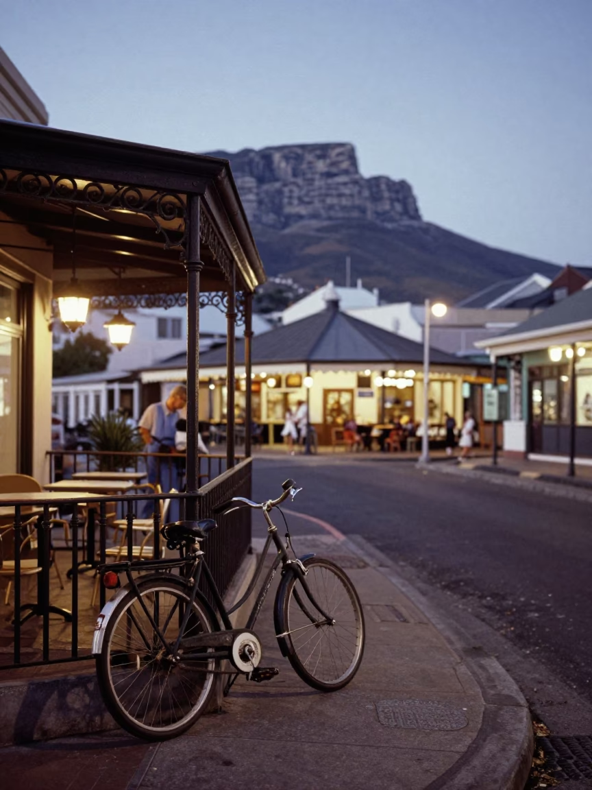 Vintage Cape Town Evening Street Scene with Bicycle and Cafe Shelf in in Cape Town, South Africa