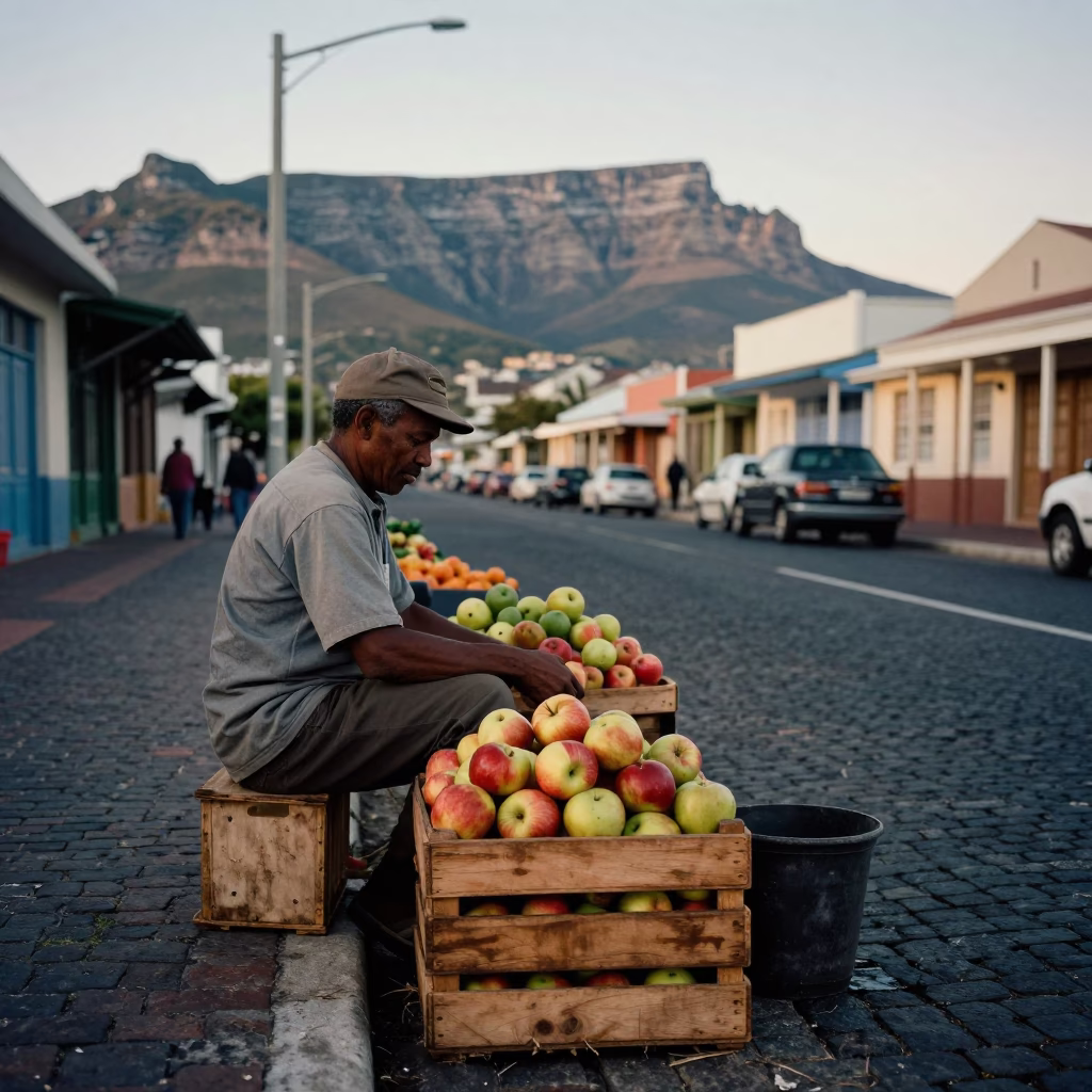 Vintage Cape Town Evening Street Scene with Fruit Crate and Hoe in in Cape Town, South Africa