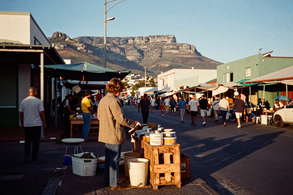 Vintage Cape Town Street Scene Late Afternoon with Local Market Goods and Casual Interaction in in Cape Town, South Africa