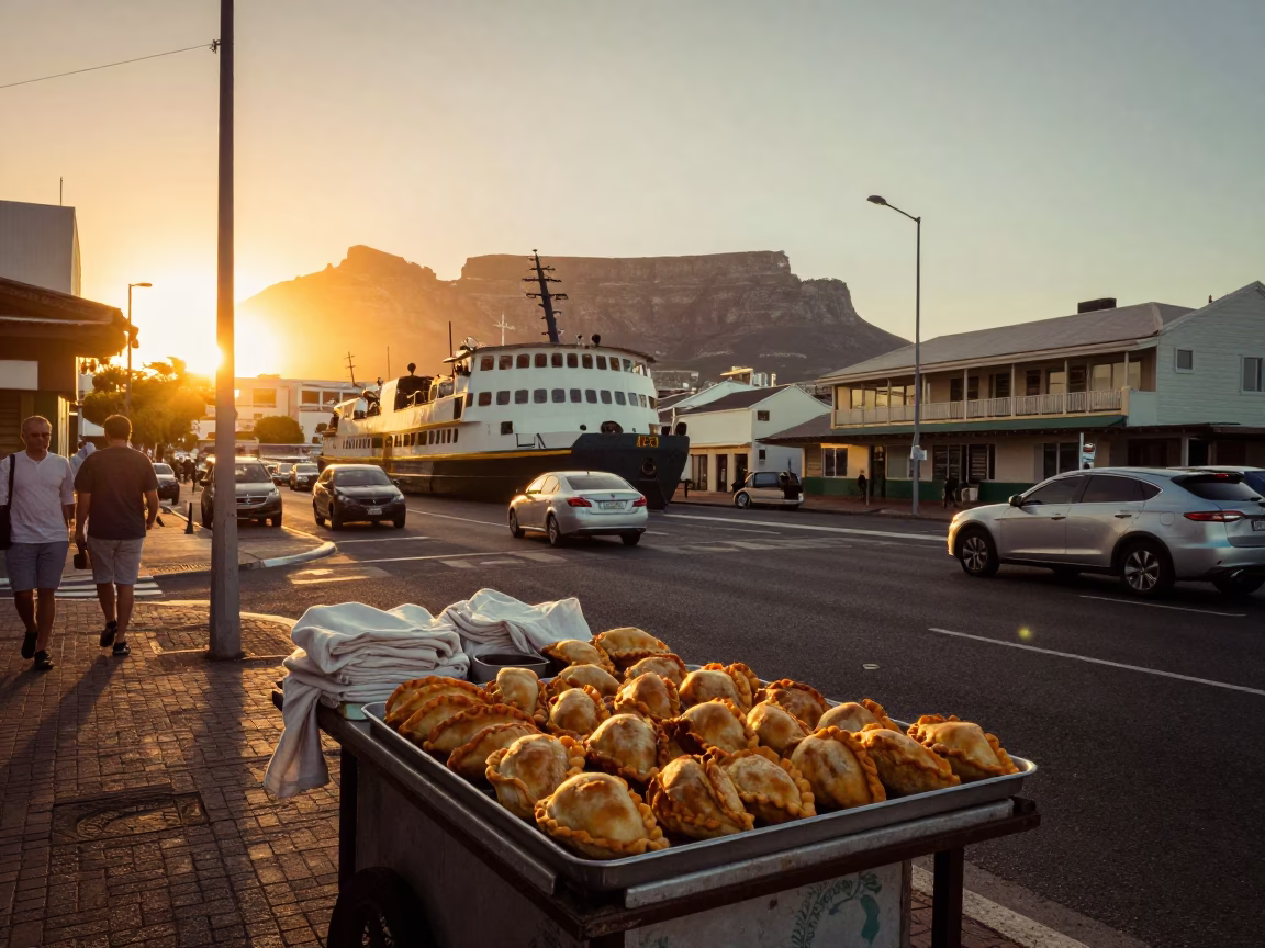 Vintage Cape Town Sunset Street Scene with Ferry and Linen Napkin in in Cape Town, South Africa