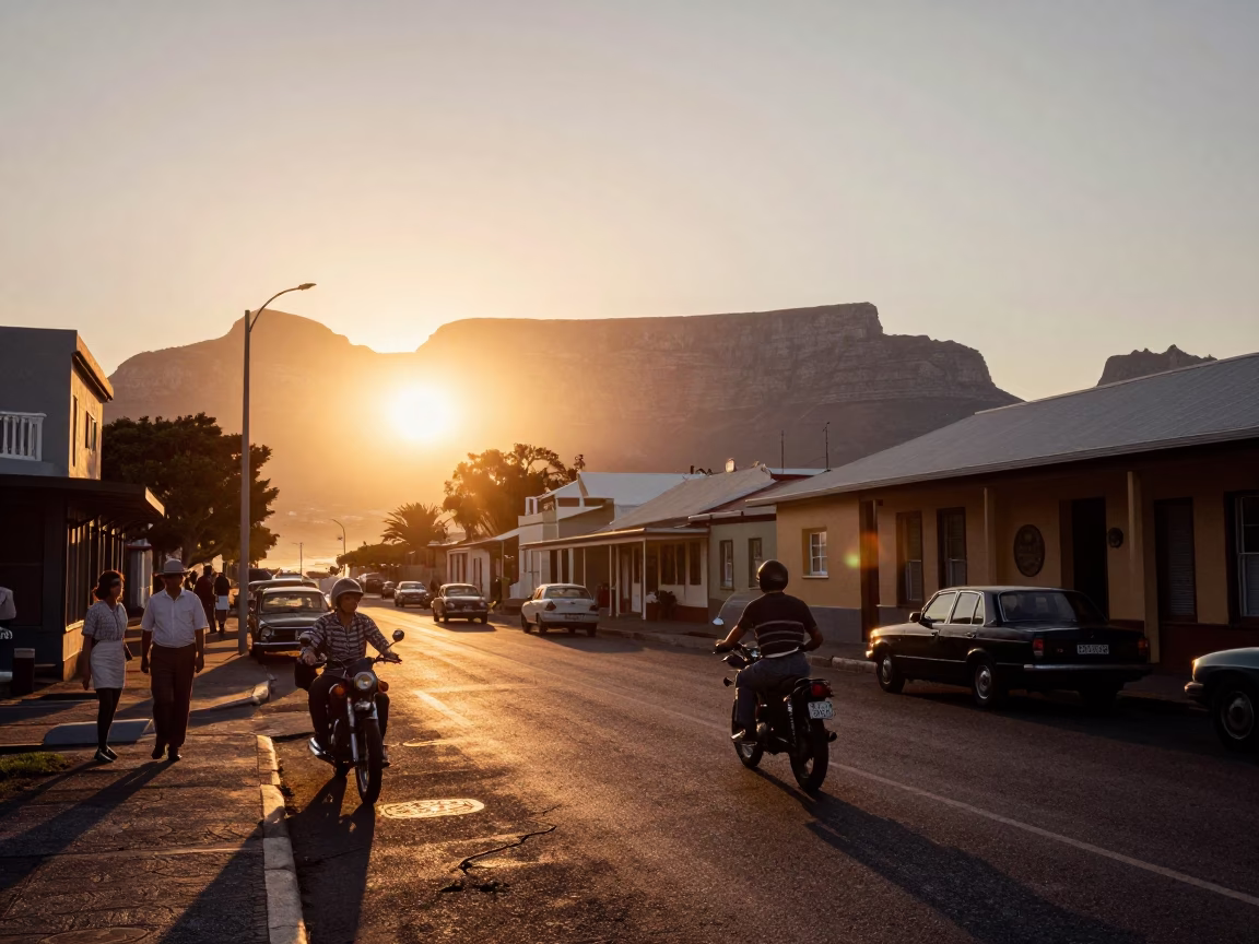 Vintage Cape Town Sunset Street Scene with Motorcycle and Local Market Activity in in Cape Town, South Africa