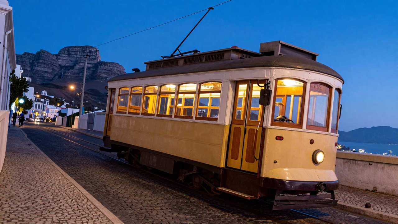 Vintage Cape Town Tram Climbing Steep Hill at Blue Hour After Sunset in in Cape Town, South Africa