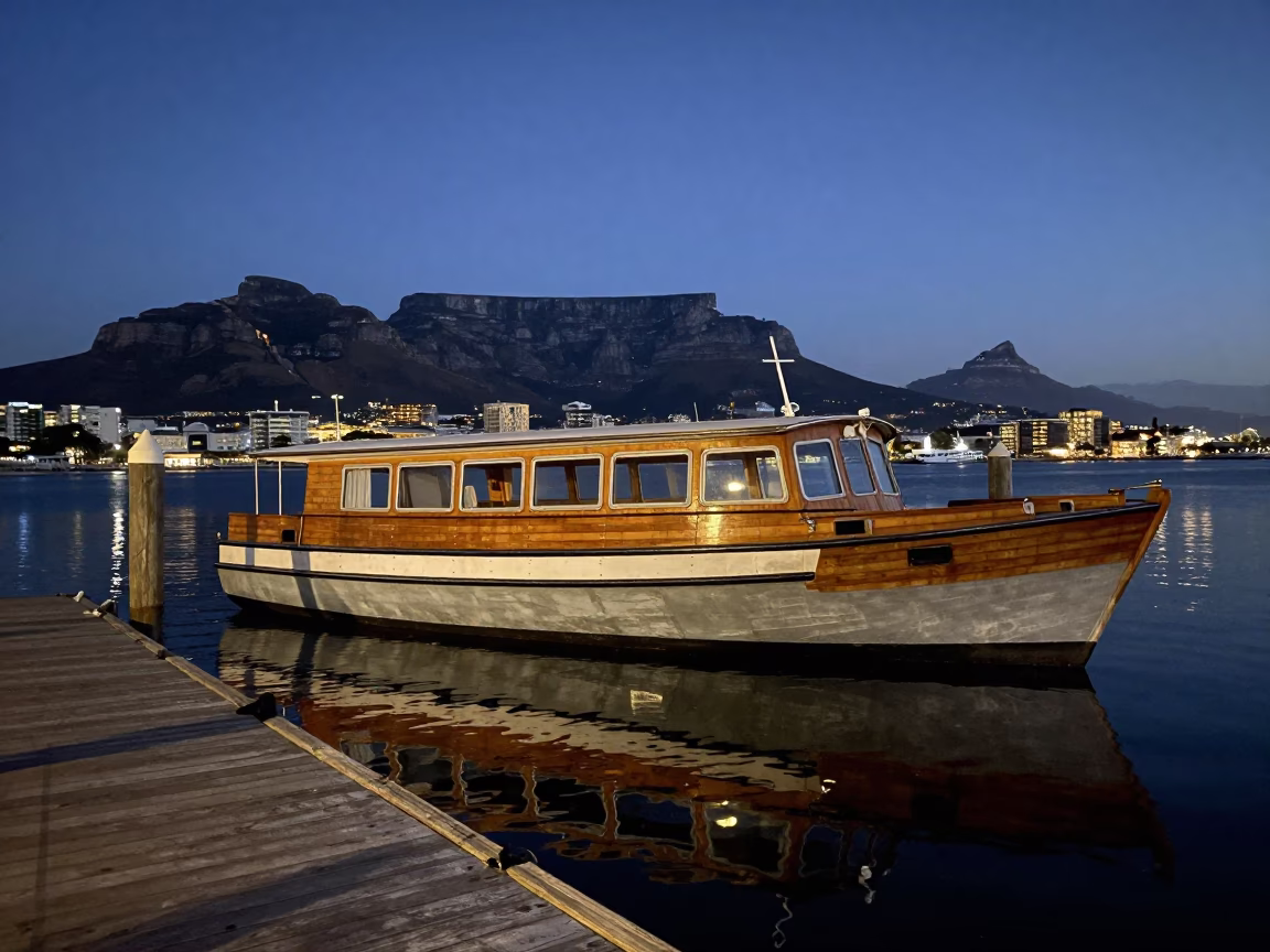 Vintage Cape Town Water Taxi at Floating Dock Before Dawn in in Cape Town, South Africa