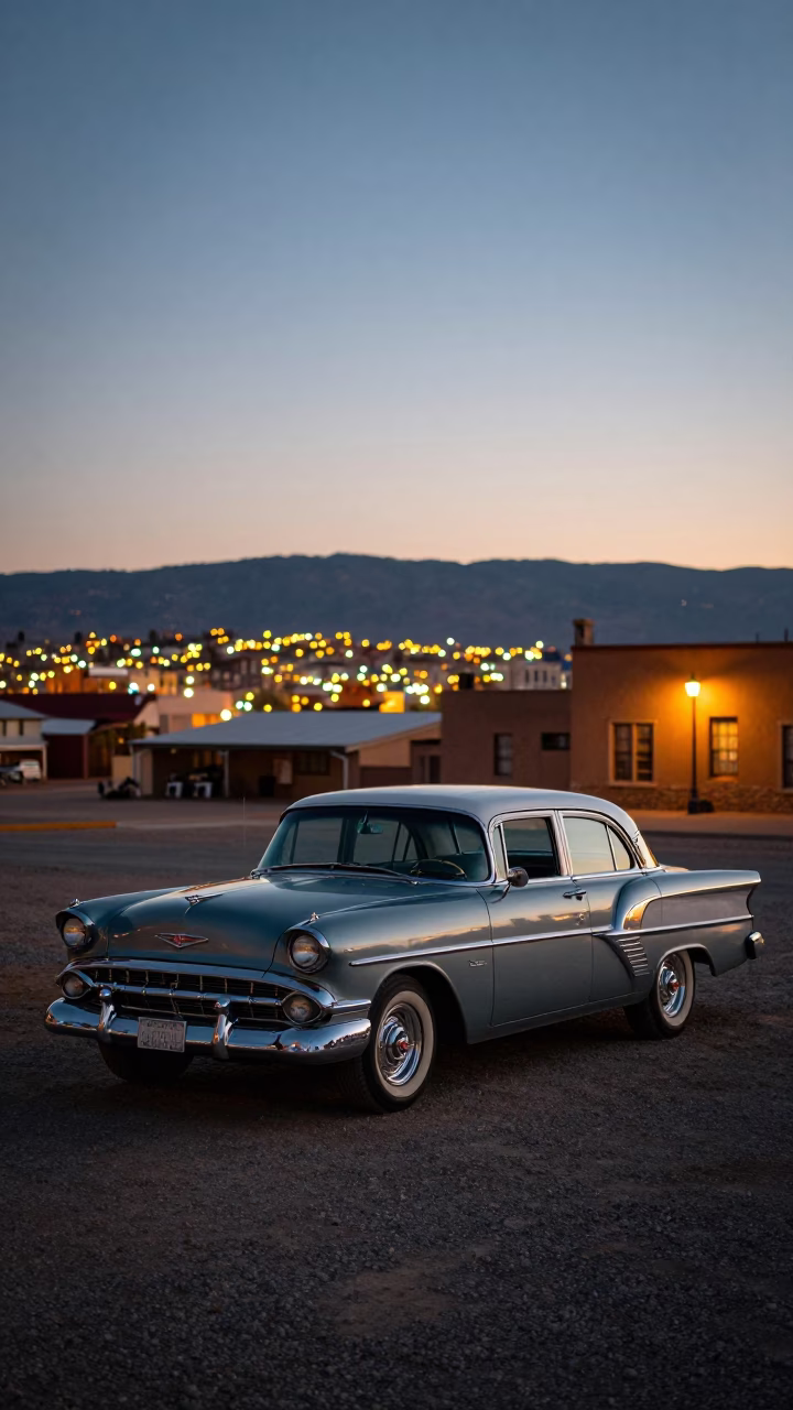 Vintage Car at As City Lights Begin To Glow in Santa Fe in in Santa Fe, New Mexico, United States