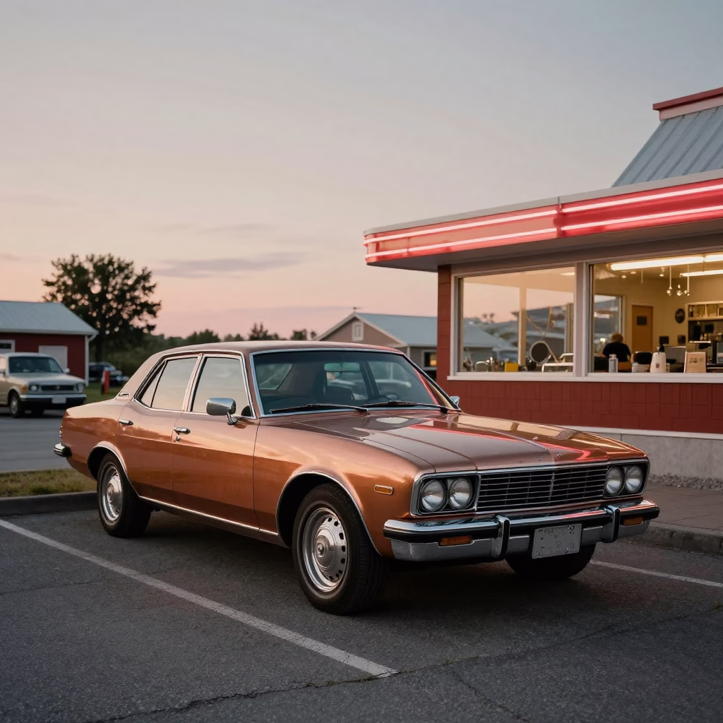 Vintage Car at Drive-in Diner in Quebec City Before Dusk in in Quebec City, Quebec, Canada