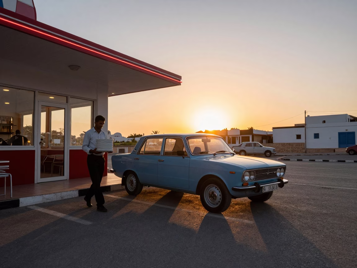 Vintage Car at Drive-In Diner Twilight in Tunis Tunisia Sunset Scene in in Tunis, Tunisia