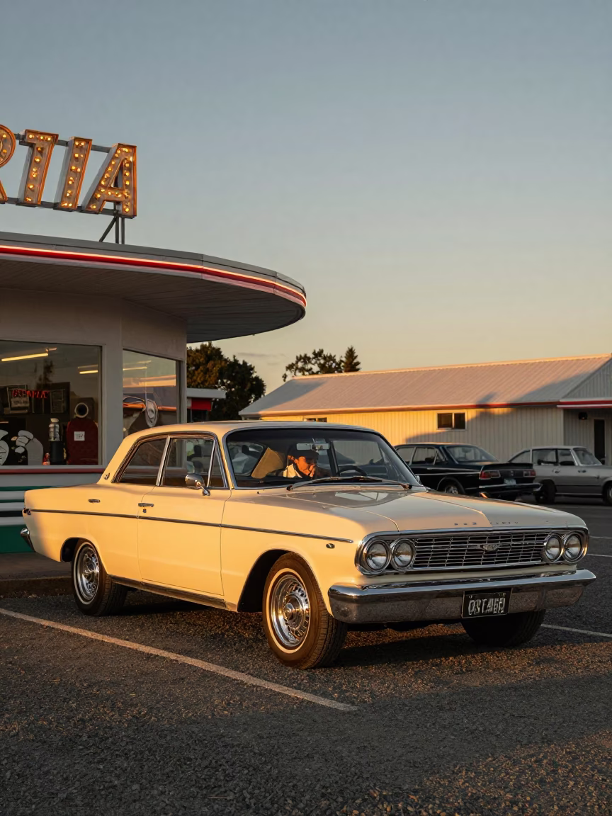 Vintage Car at Drive-In Diner Twilight in Wellington New Zealand in in Wellington, New Zealand