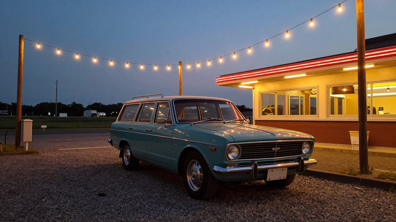 Vintage Car at Drive-In Diner Twilight Osaka Japan with String Lights in in Osaka, Japan
