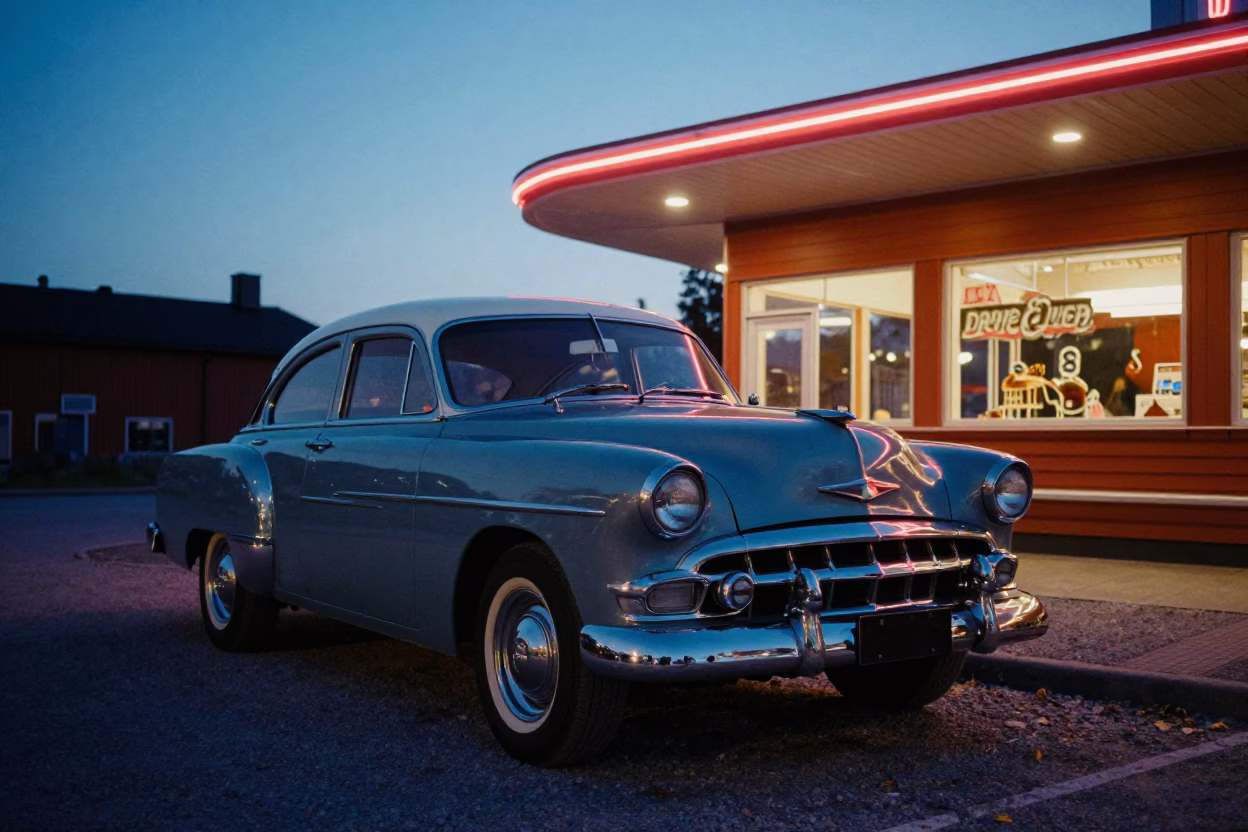 Vintage Car at Drive-In Diner Twilight Stockholm Sweden Late Afternoon in in Stockholm, Sweden