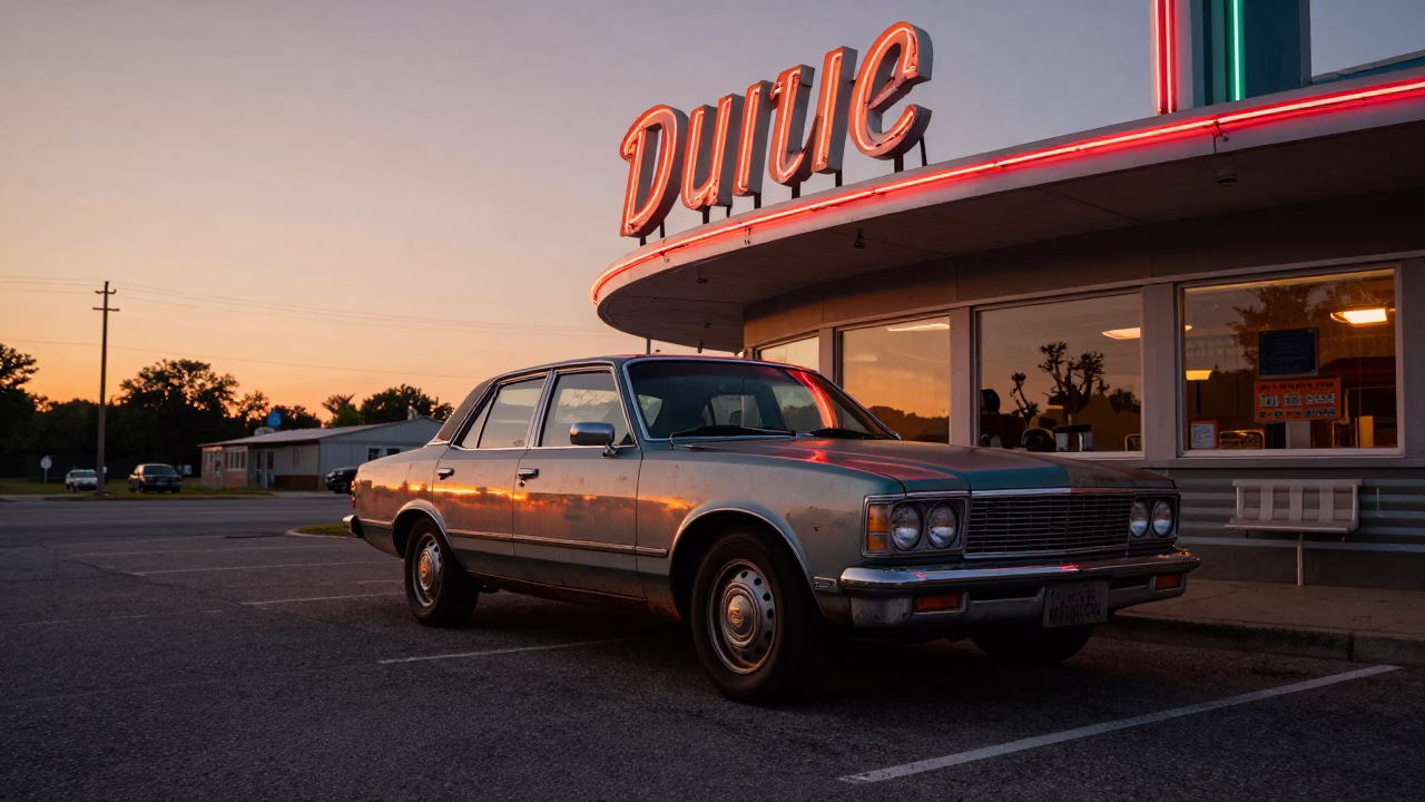 Vintage Car at Philadelphia Drive-In Diner at Sunset with Rusted Drawbridge in in Philadelphia, Pennsylvania, United States