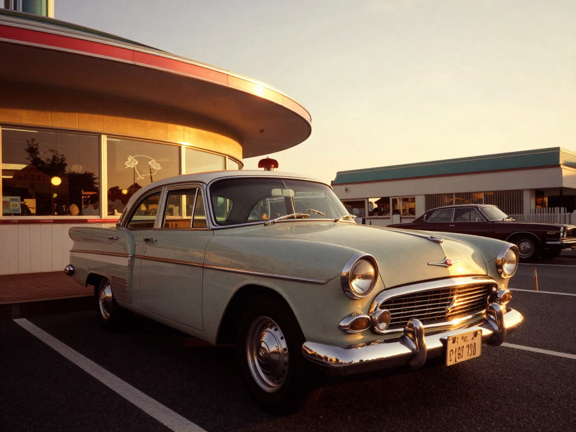 Vintage Car at Tokyo Drive-In Diner in Honeyed Evening Light with Rusty Chair in in Tokyo, Japan