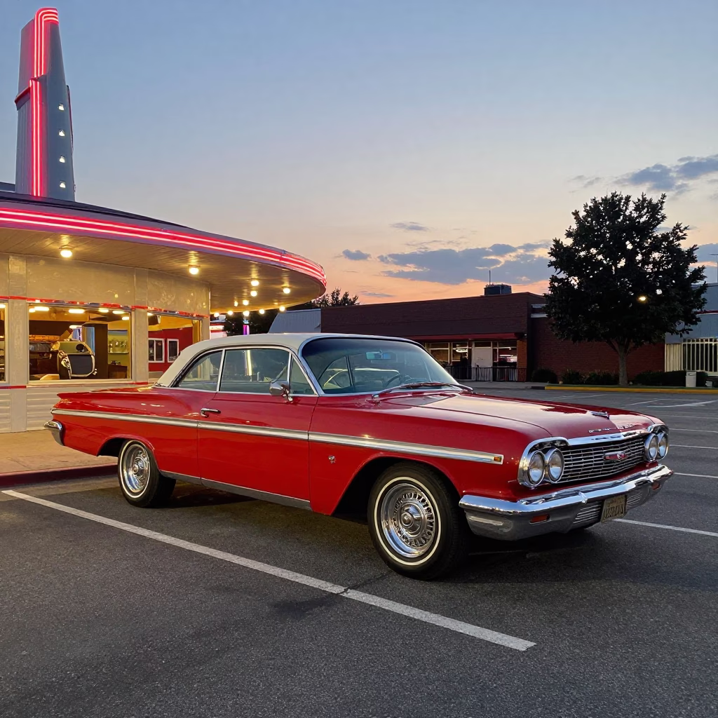 Vintage Car at Twilight Drive-in Diner in Nashville Tennessee Early Evening Scene in in Nashville, Tennessee, United States