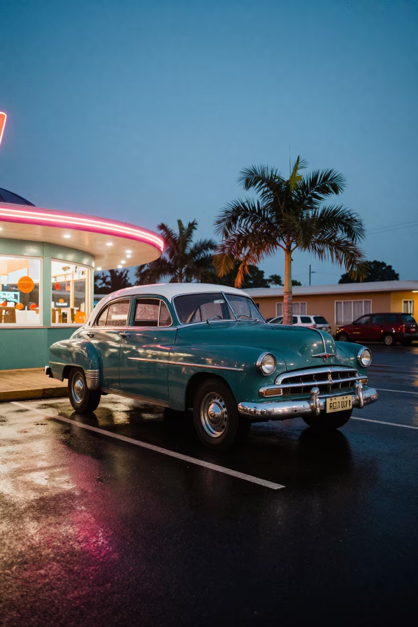 Vintage Car at Gabon Drive-in Diner Twilight in in Gabon