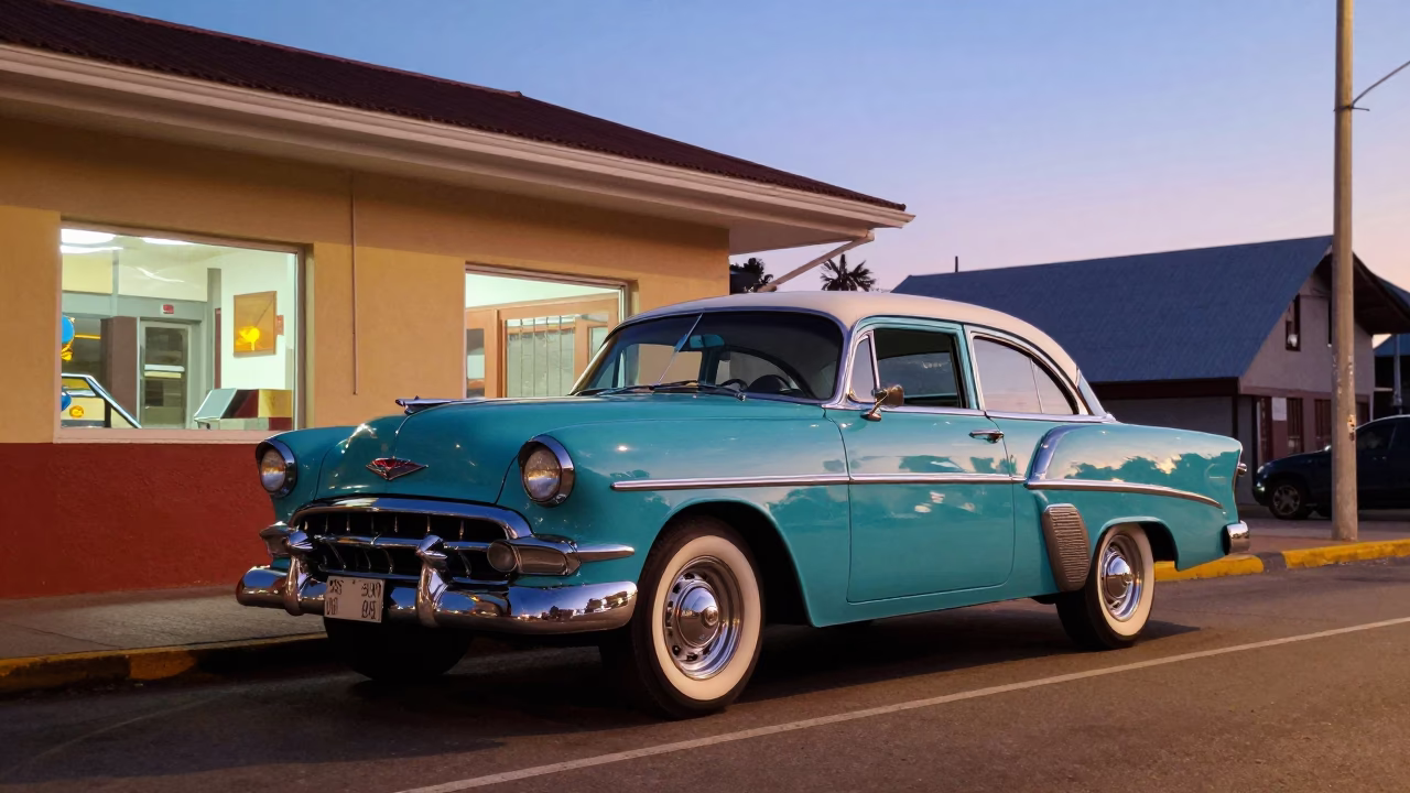 Vintage Car in Valparaiso at Blue Hour in in Valparaiso, Chile