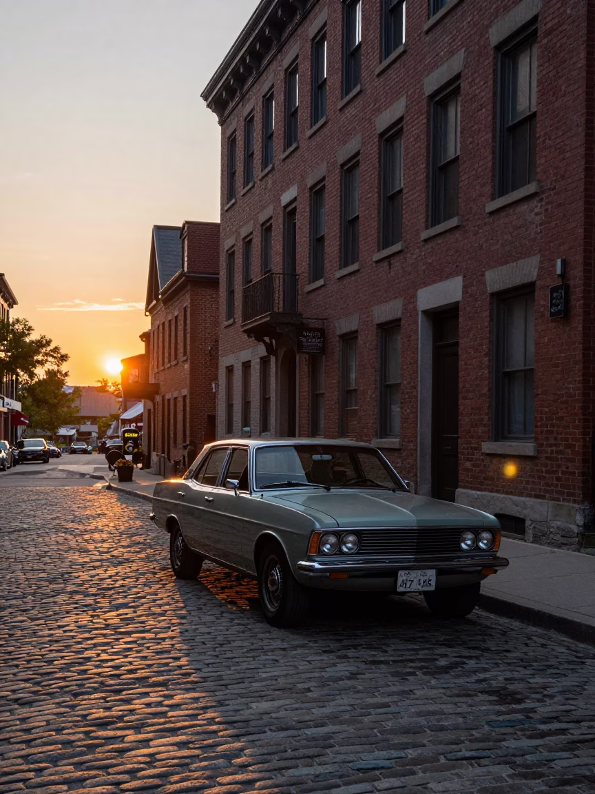 Vintage Car Rally and Storage Tin on Montreal Street at Sunset in in Montreal, Quebec, Canada