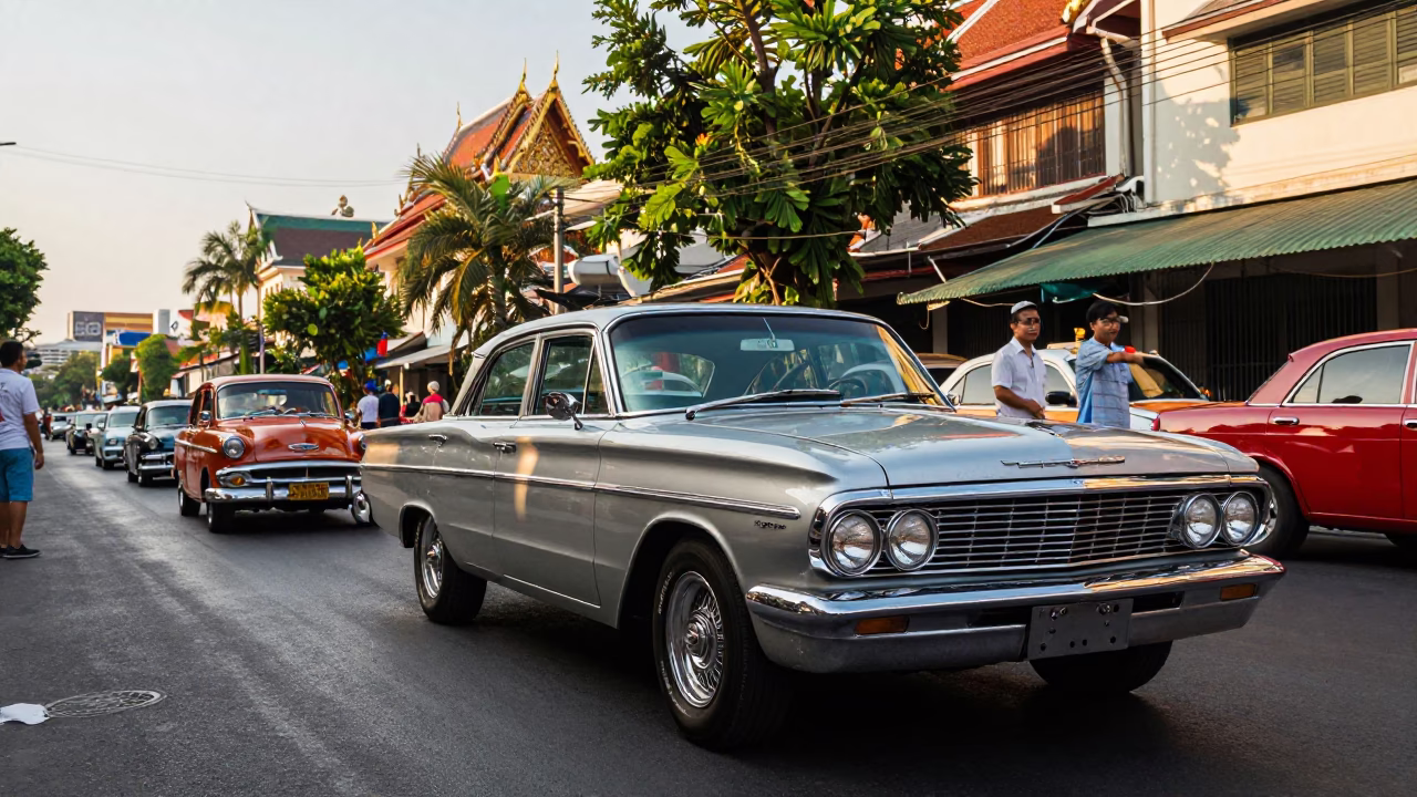 Vintage Car Rally Bangkok Thailand Late Afternoon Light Street Scene in in Bangkok, Thailand