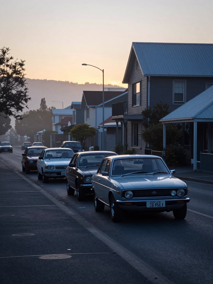 Vintage Car Rally Christchurch New Zealand Pre-Dawn Cool Stillness Before Sunrise in in Christchurch, New Zealand