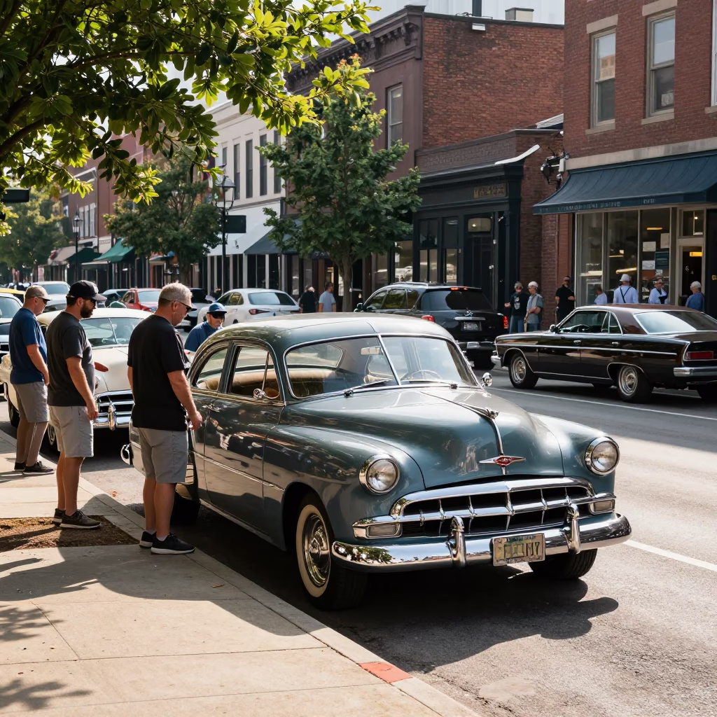 Vintage Car Rally Enthusiasts in Nashville Tennessee Late Morning Street Scene in in Nashville, Tennessee, United States