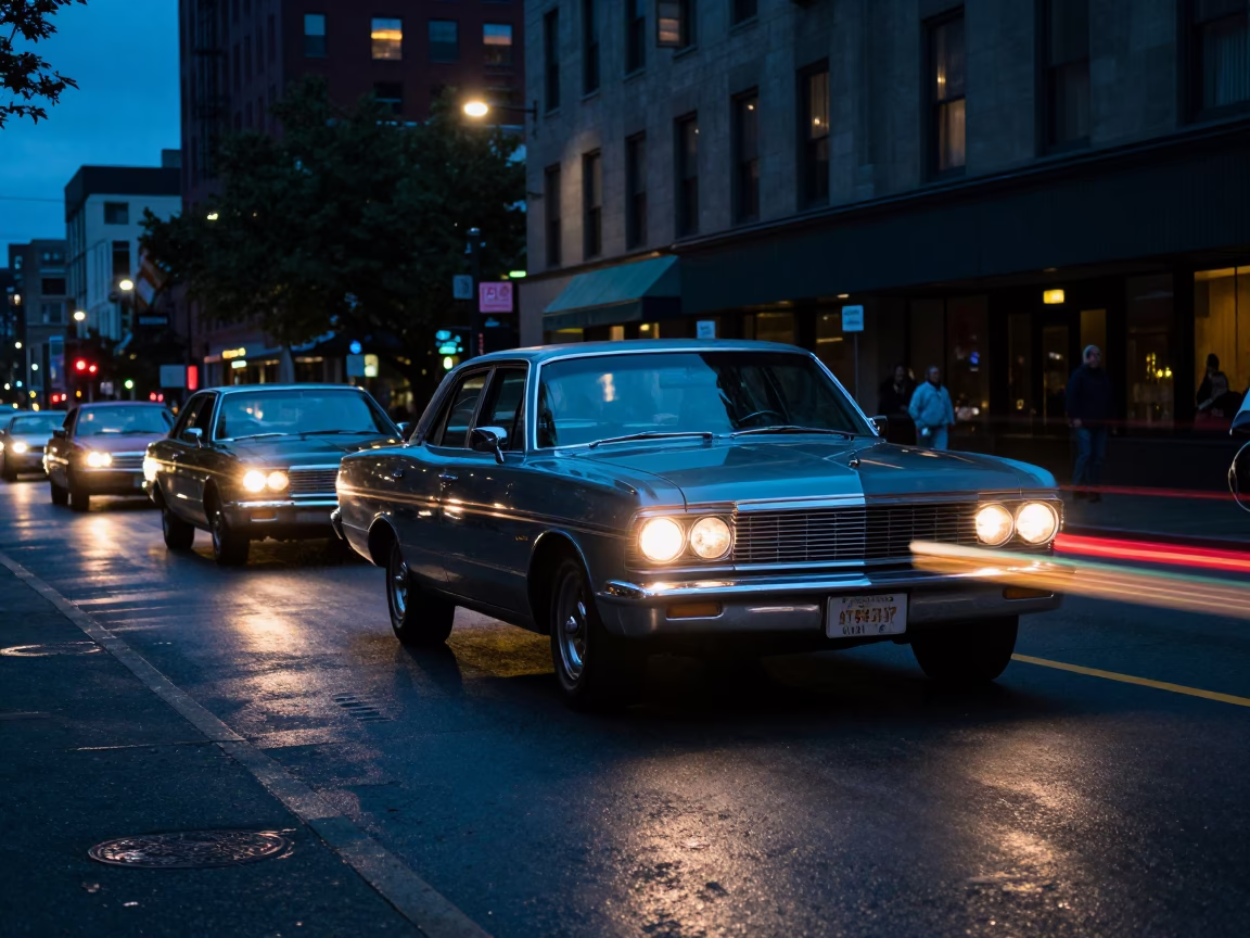 Vintage Car Rally Headlight Streaks Reflecting on Hotel Awning in Evening Seattle Washington in in Seattle, Washington, United States