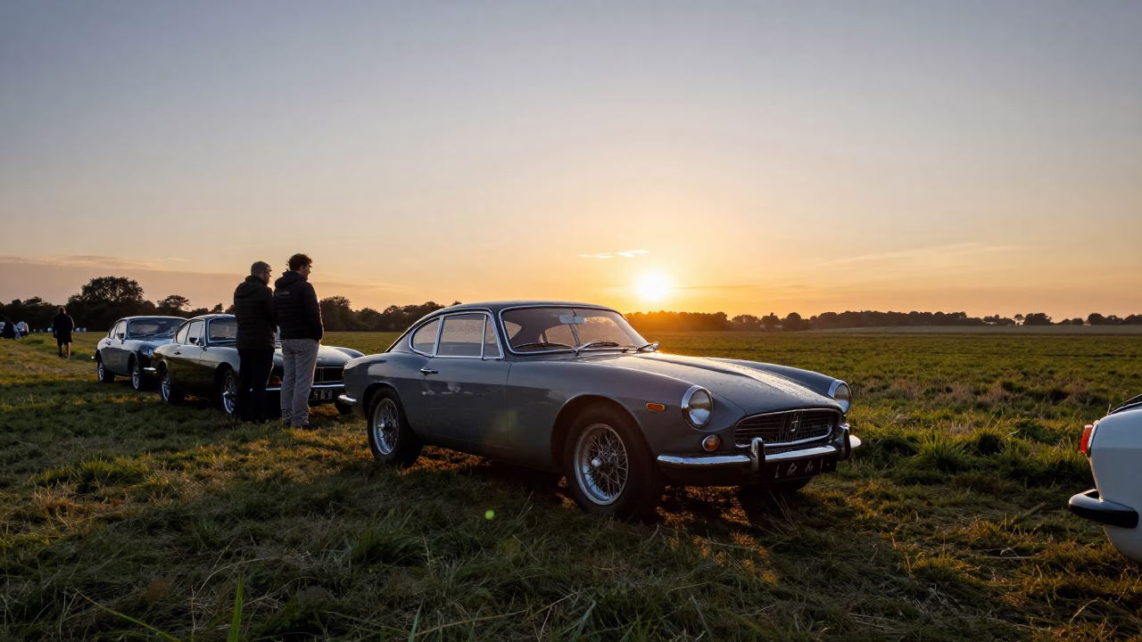 Vintage Car Rally in Bristol Countryside at Sunset with Enamel Pitcher and Grease Sheen in in Bristol, United Kingdom