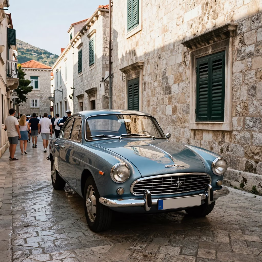 Vintage Car Rally in Dubrovnik Early Afternoon Street Scene in in Dubrovnik, Croatia