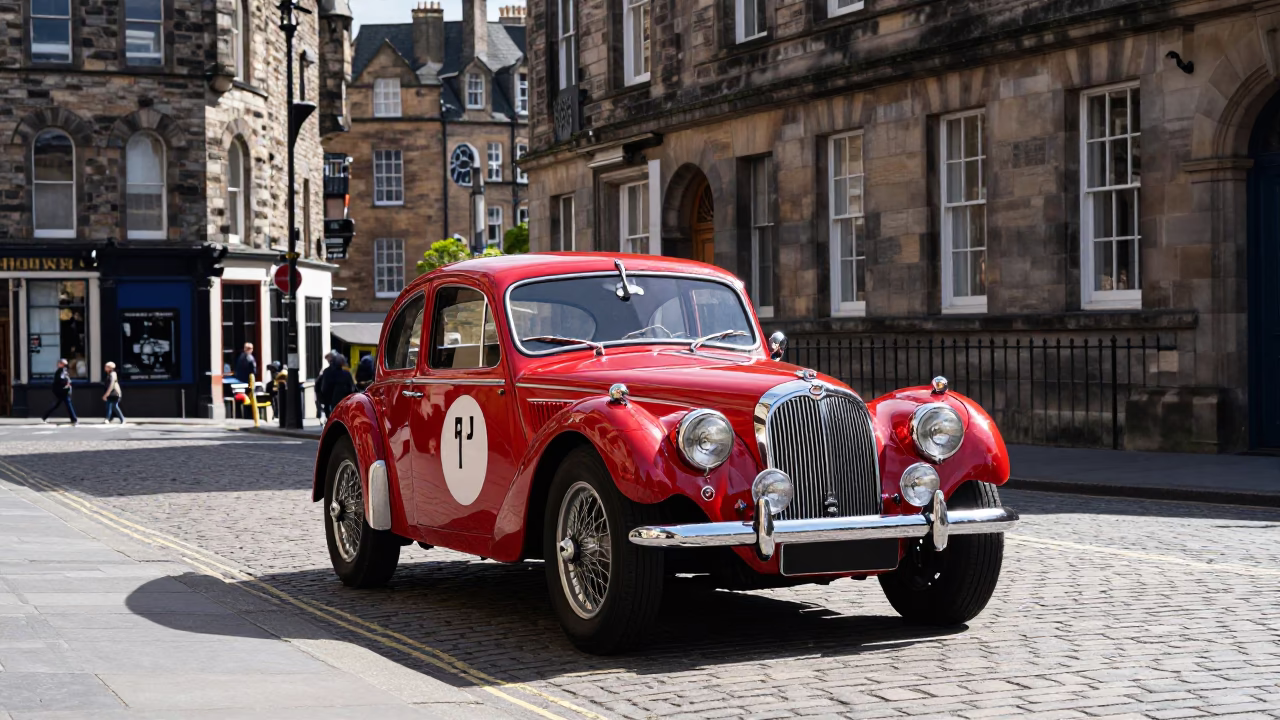 Vintage Car Rally in Edinburgh Scotland Bright Midmorning Street Scene in in Edinburgh, United Kingdom