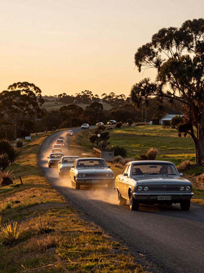Vintage Car Rally in Hobart Tasmania Australia Sunset Countryside Lane in in Hobart, Tasmania, Australia