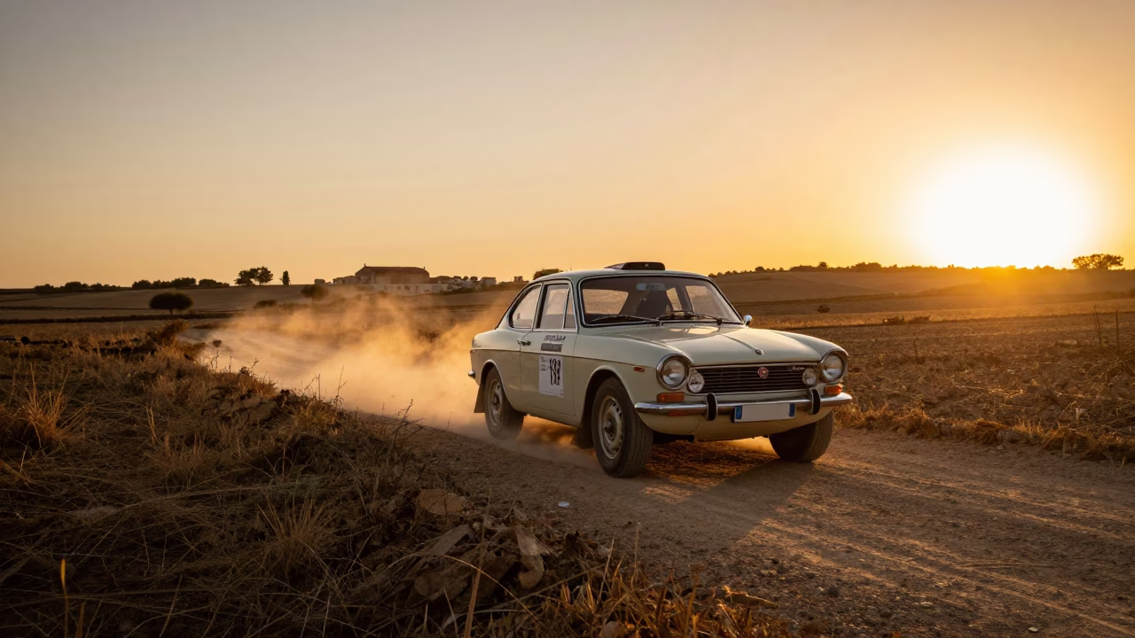 Vintage Car Rally in Honeyed Evening Light Madrid Spain Countryside Lane in in Madrid, Spain