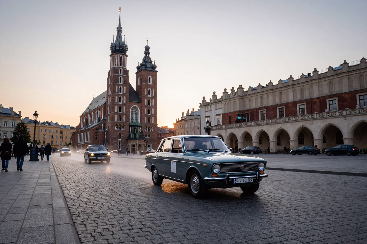 Vintage Car Rally in Krakow Poland at Nautical Dawn with Watering Bottle in in Krakow, Poland