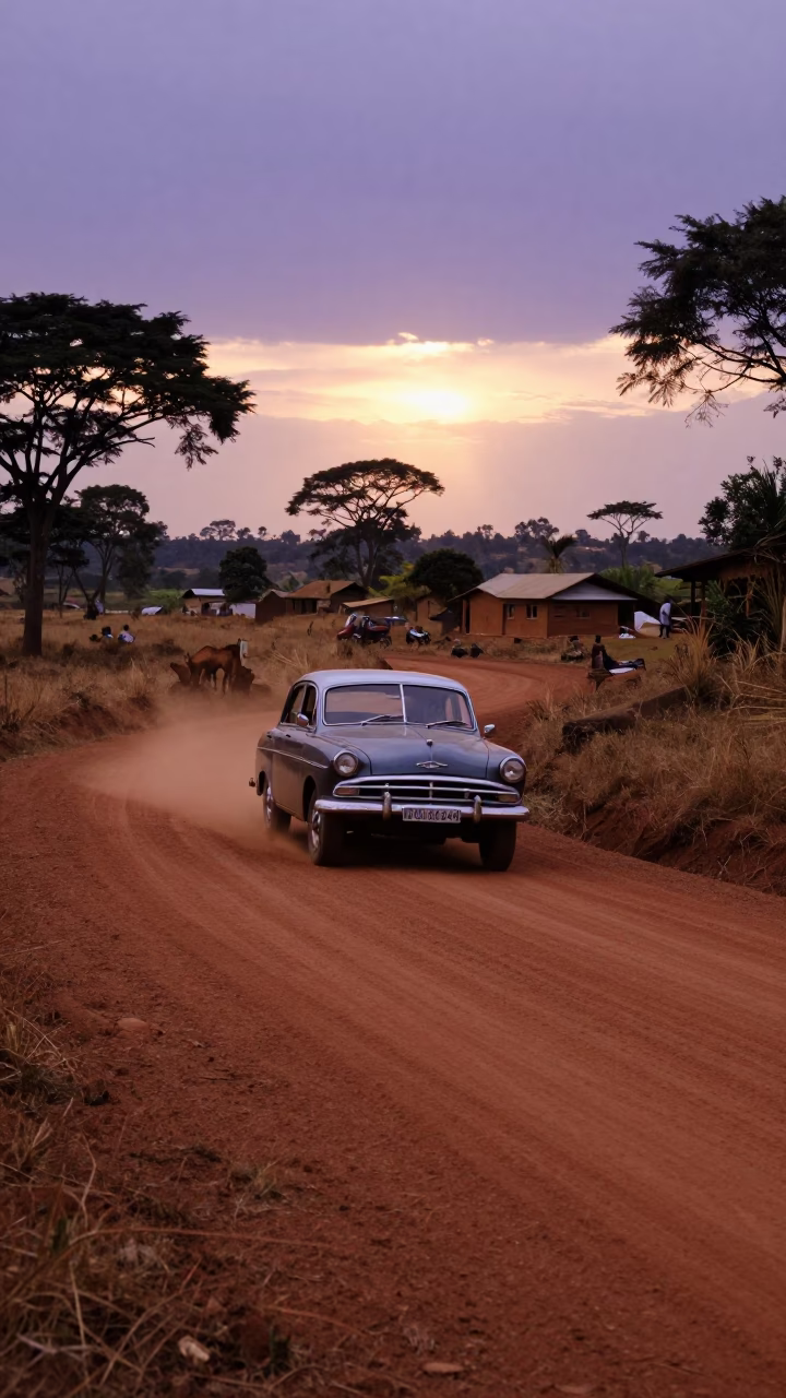 Vintage Car Rally in Nairobi Countryside at Sunset with Local Spectators in in Nairobi, Kenya