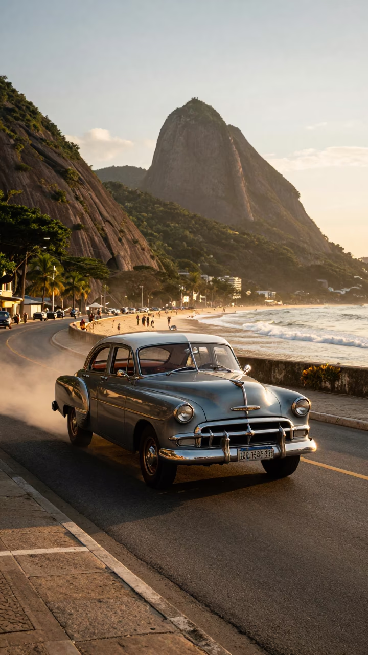 Vintage Car Rally in Rio de Janeiro Brazil Golden Hour Street Scene in in Rio de Janeiro, Brazil