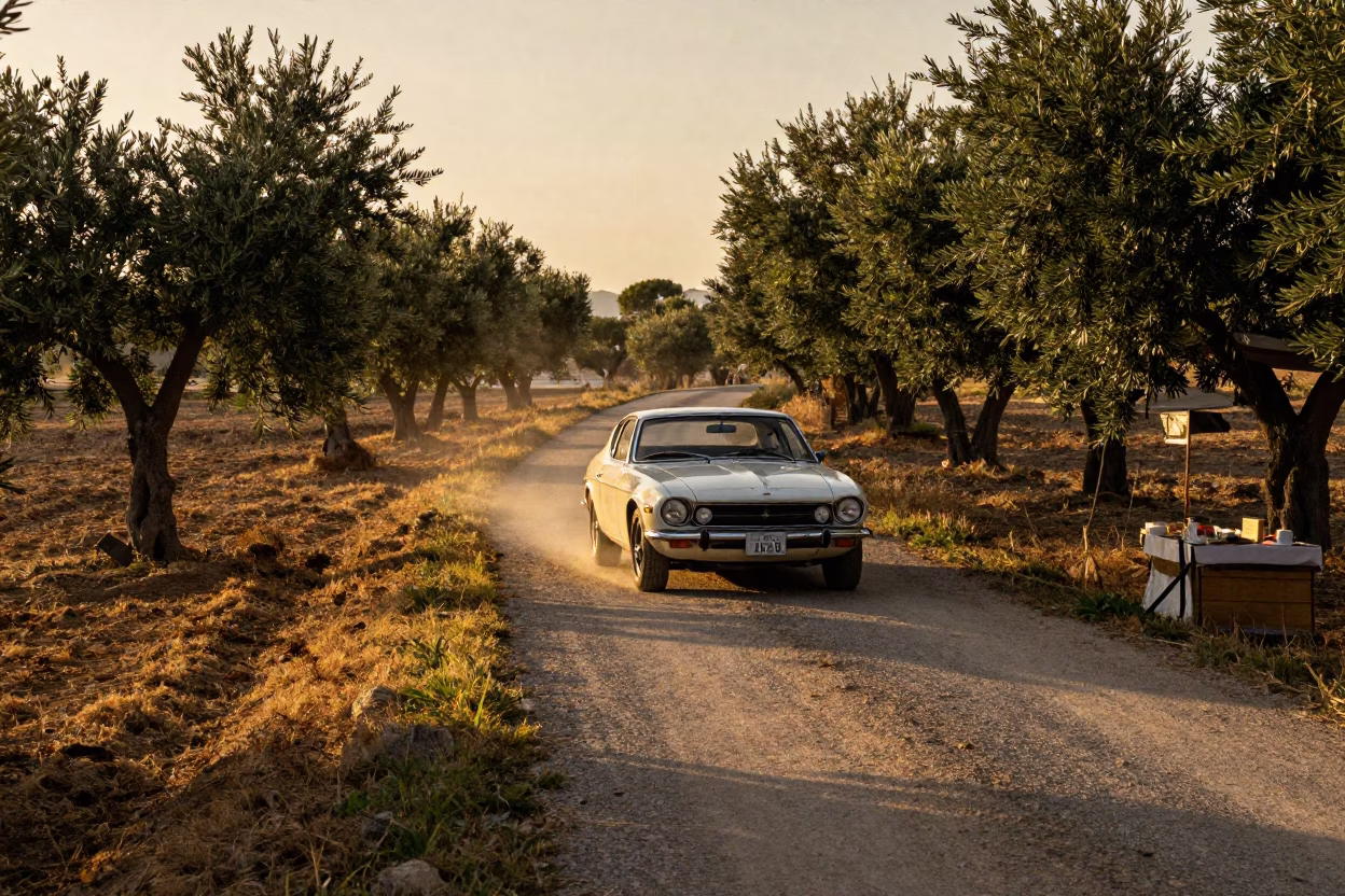Vintage Car Rally in Valencia Spain Honeyed Evening Light on Countryside Lane in in Valencia, Spain