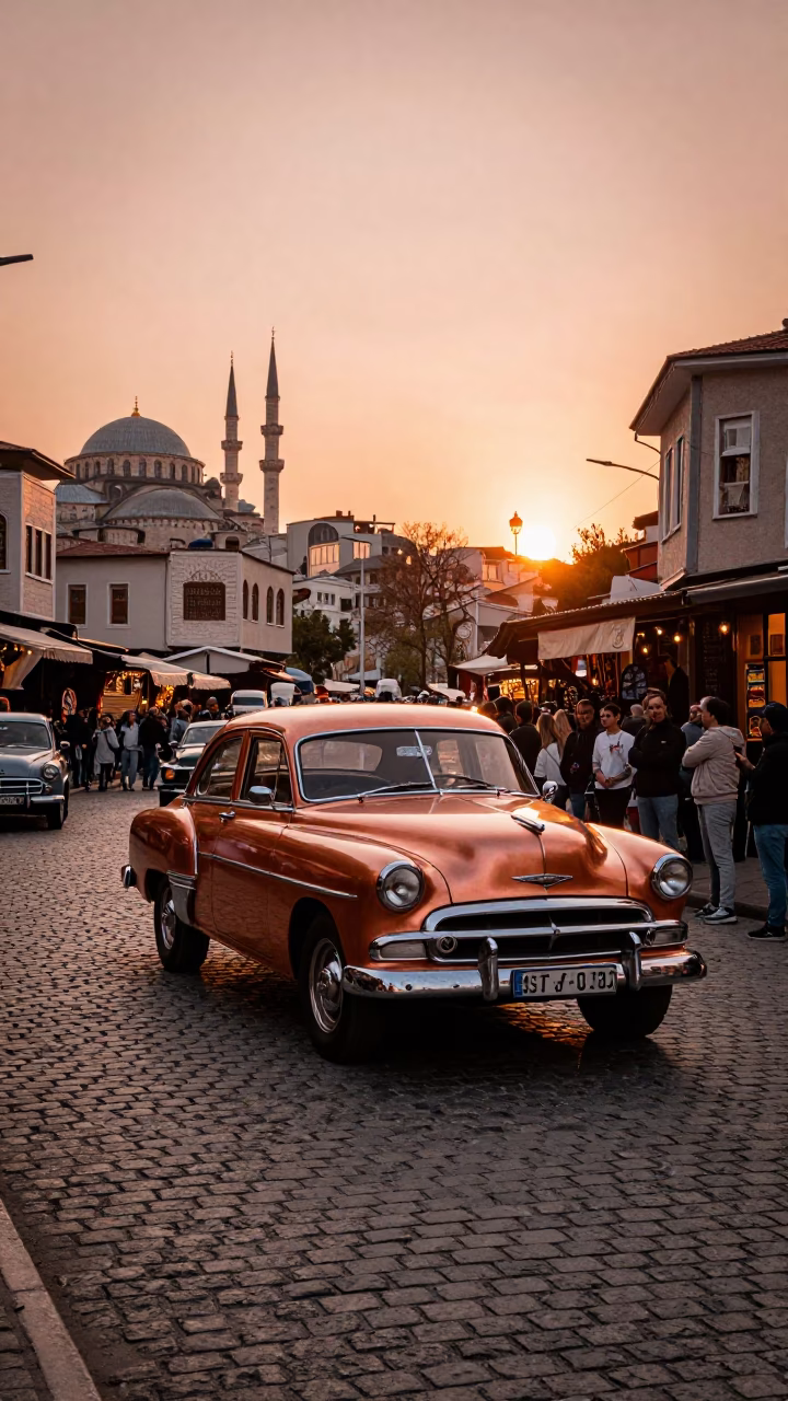 Vintage Car Rally Istanbul Turkey Before Dusk Copper Light in in Istanbul, Turkey