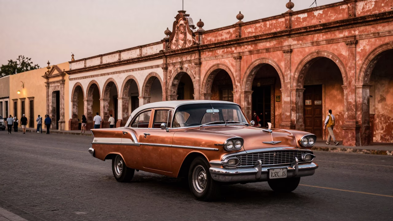 Vintage Car Rally Merida Mexico Copper Dusk Street Scene in in Merida, Mexico